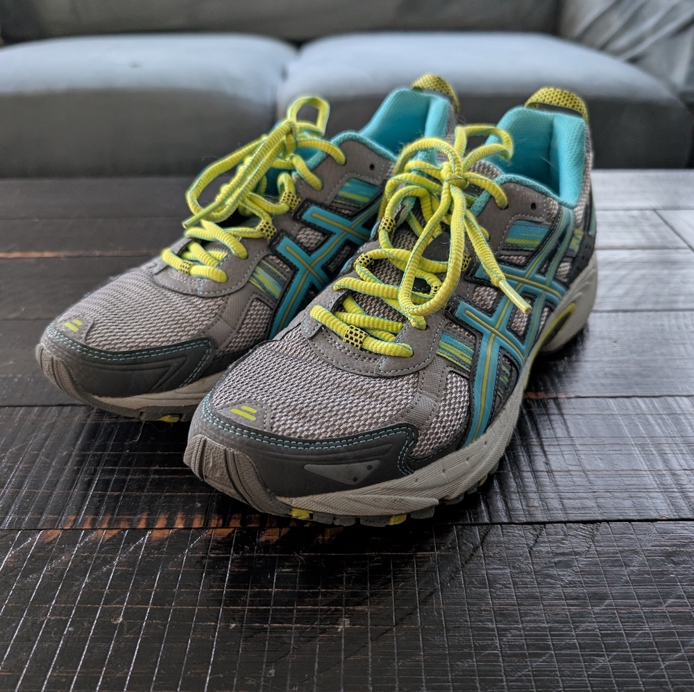 Asics Gel Venture 5 Women's Trail Runners, size 9.5, neon yellow, teal and gray